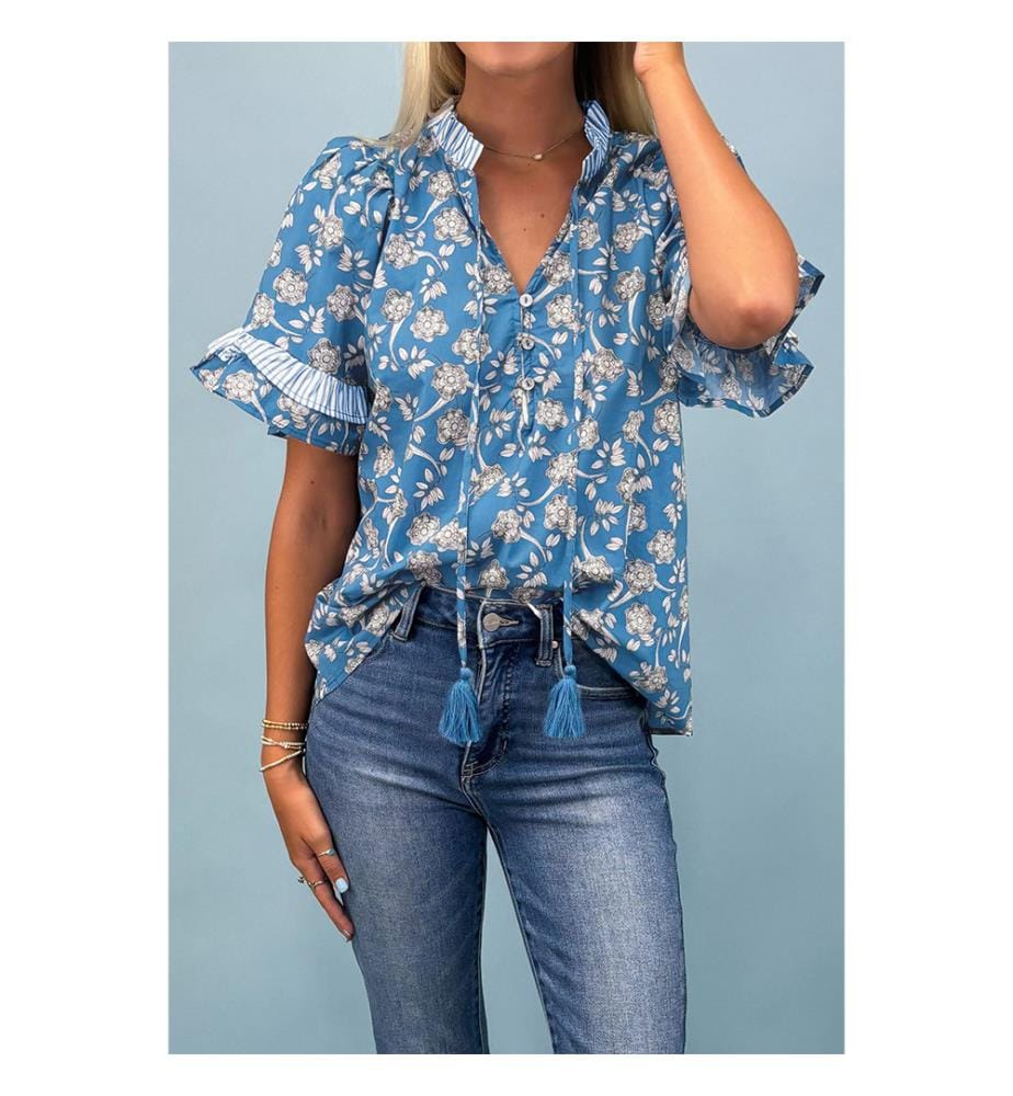 Bluse mit kurzen Ärmeln mit Blumenprint blau