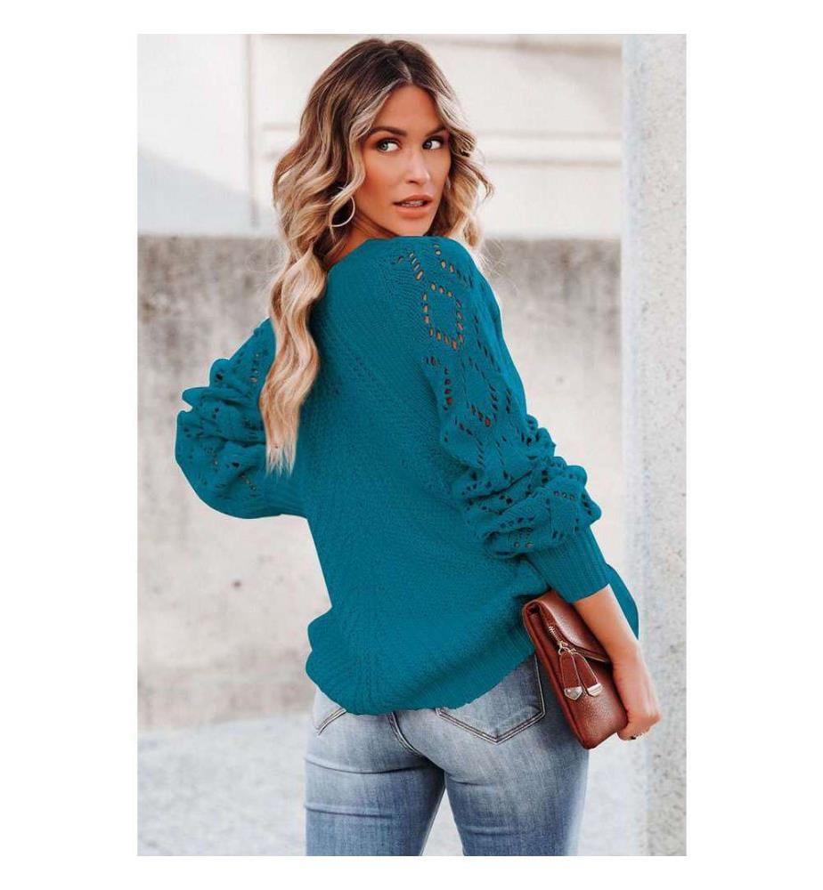 Blauer Strickpullover mit Puffärmeln und Ajourmuster - Blue-3