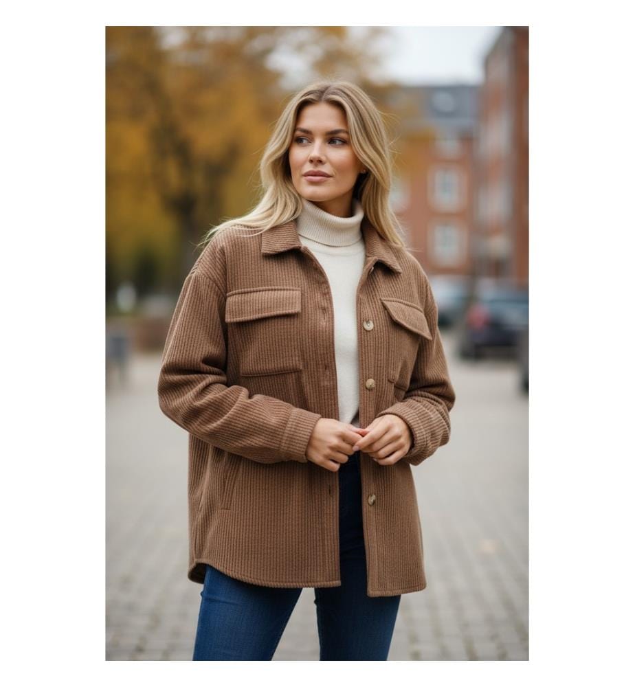 Langärmelige Jacke mit Knöpfen aus geripptem Samt - Dunkelkhaki