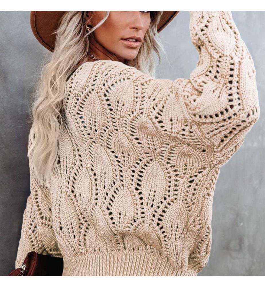 Beige Crochet Knit Ribbed Hem Sweater - Apricot