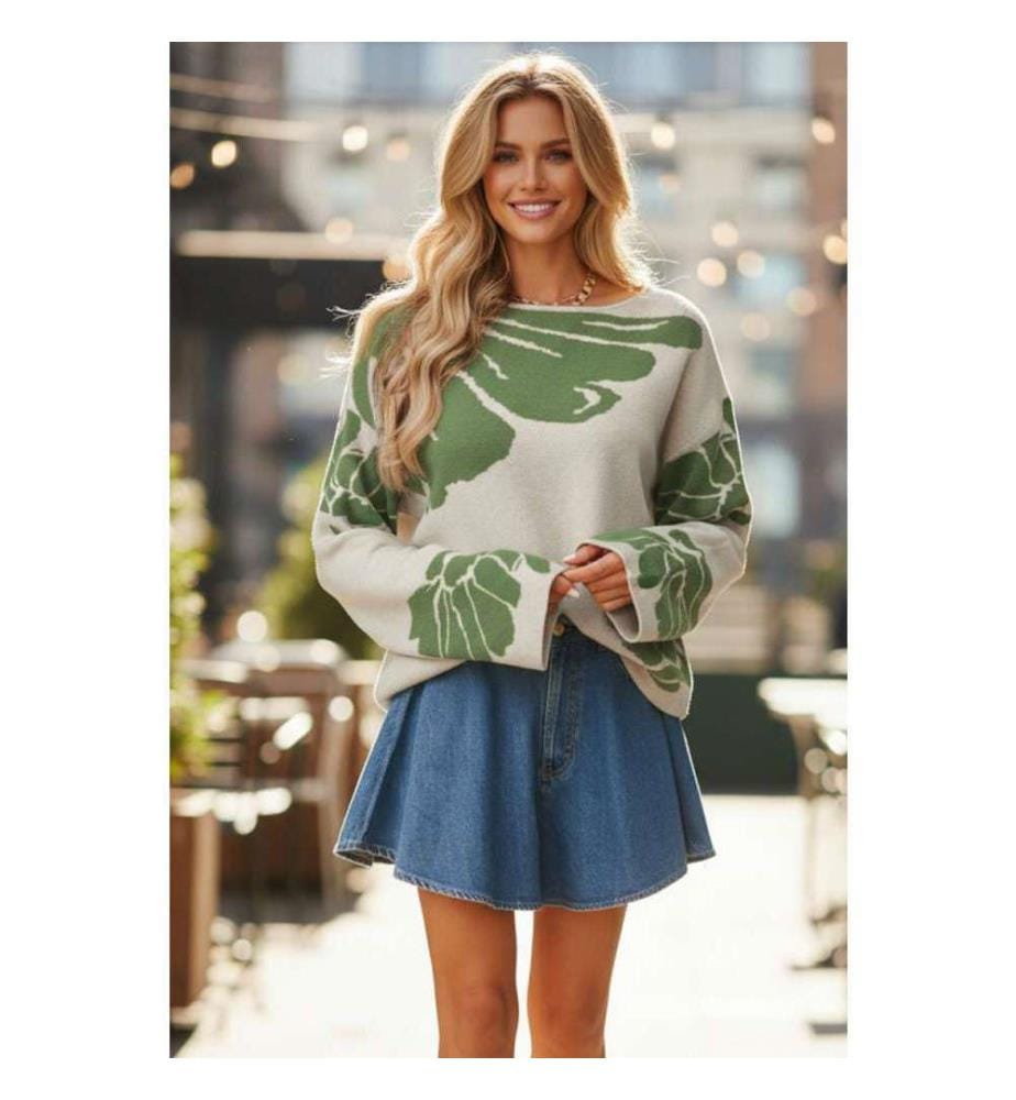 Weitärmeliger Pullover Mit Weitem Arm Und Blumenmuster Gewagtes Grün - Green