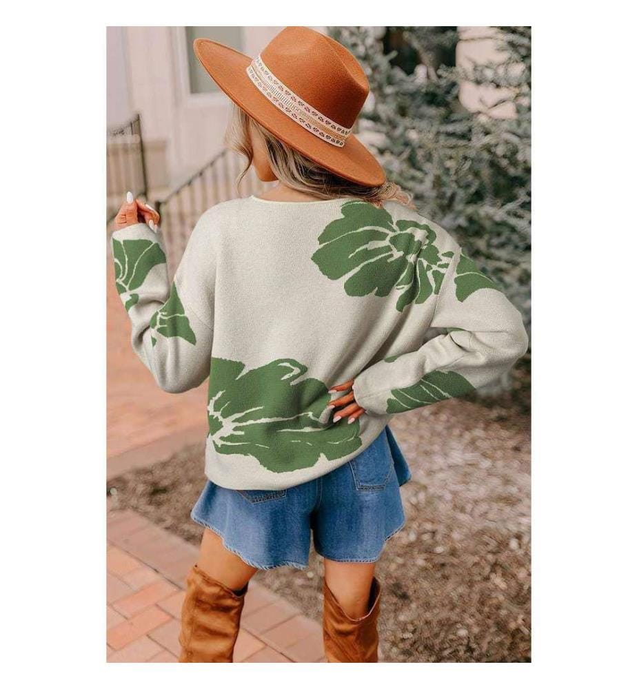 Weitärmeliger Pullover Mit Weitem Arm Und Blumenmuster Gewagtes Grün - Green