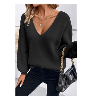Schwarzer Pullover mit Laternenärmeln, V-Ausschnitt und Schleife auf dem Rücken - Black