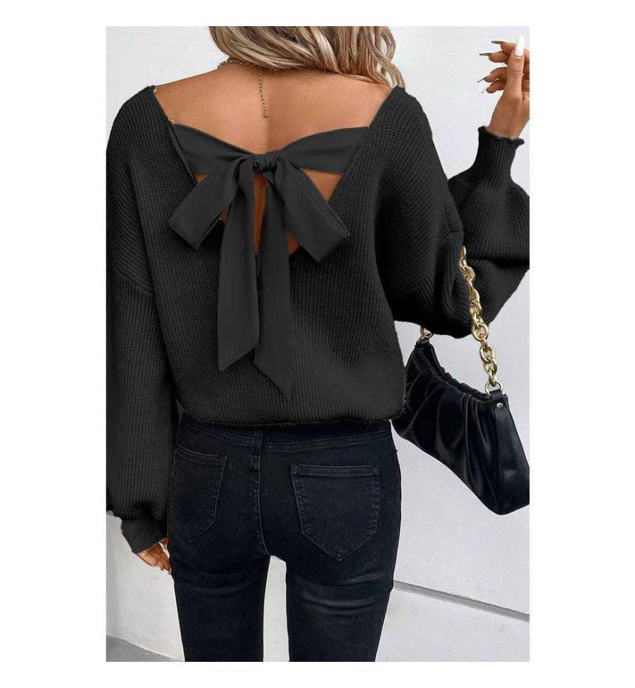 Schwarzer Pullover mit Laternenärmeln, V-Ausschnitt und Schleife auf dem Rücken - Black