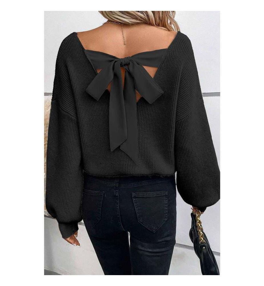 Schwarzer Pullover mit Laternenärmeln, V-Ausschnitt und Schleife auf dem Rücken - Black