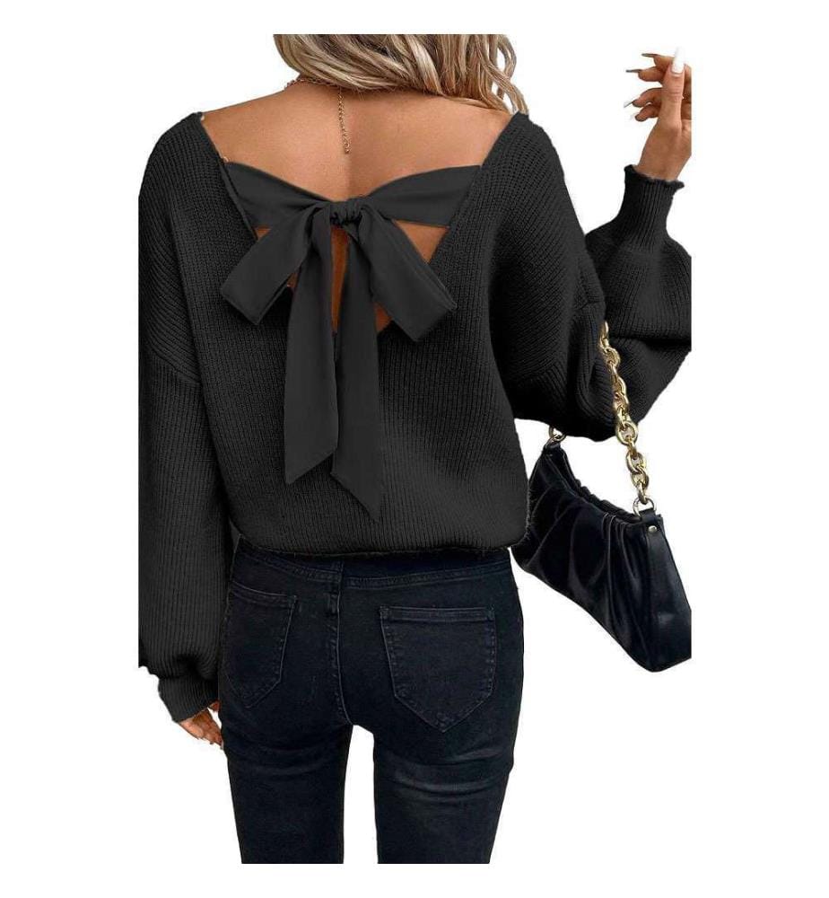 Schwarzer Pullover mit Laternenärmeln, V-Ausschnitt und Schleife auf dem Rücken - Black