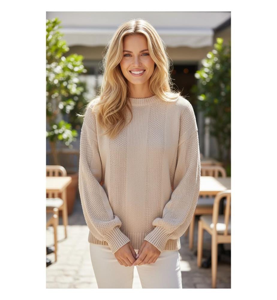 Lockerer gerippter Pullover aus Zopfstrick - Blasses Khaki