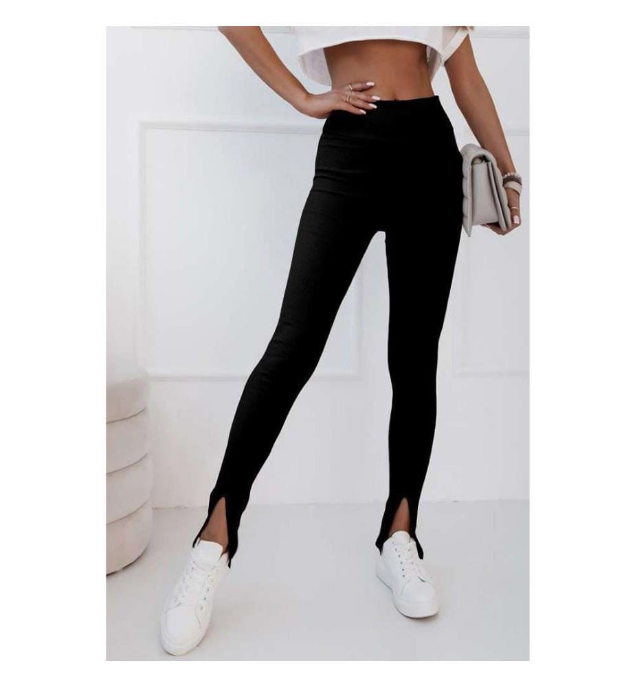 Legging noir fendu taille haute en maille côtelée