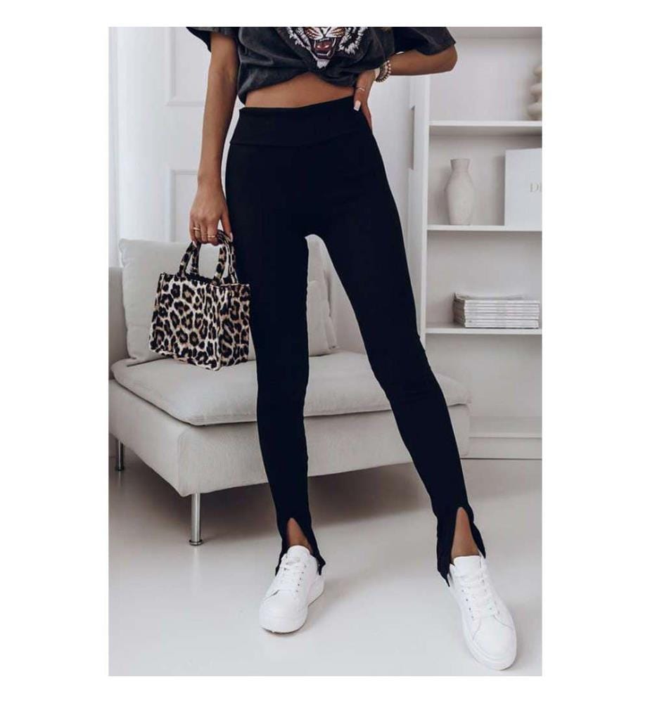 Legging noir fendu taille haute en maille côtelée