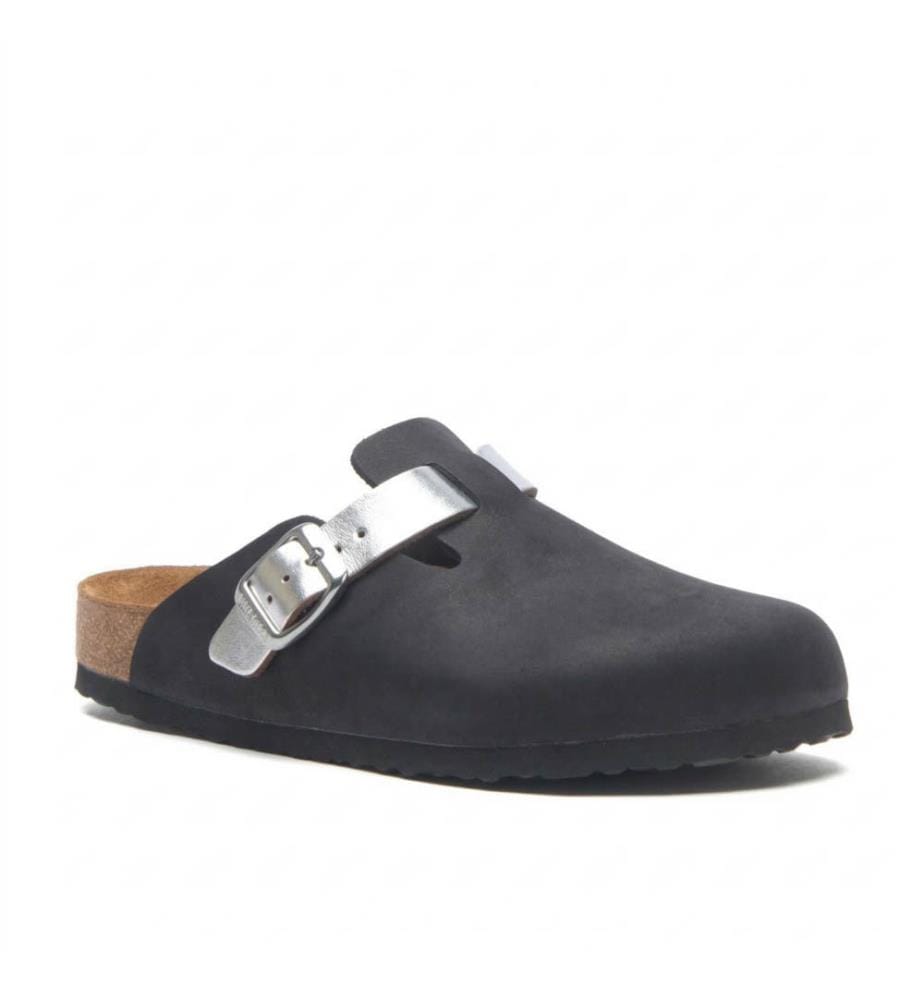 Lederclogs mit anatomisch geformtem Korkfussbett - Schwarz-Silber