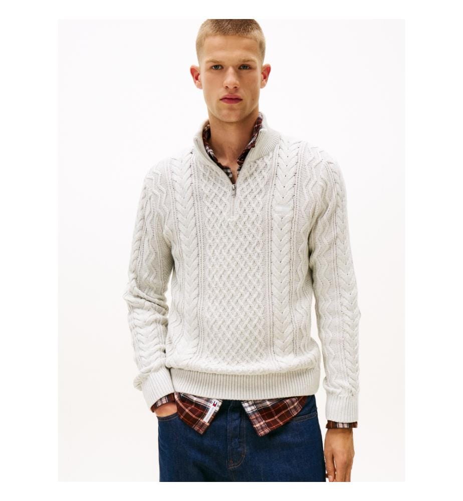 Pull Slim À Col Zippé En Maille Torsadée - Gris Clair