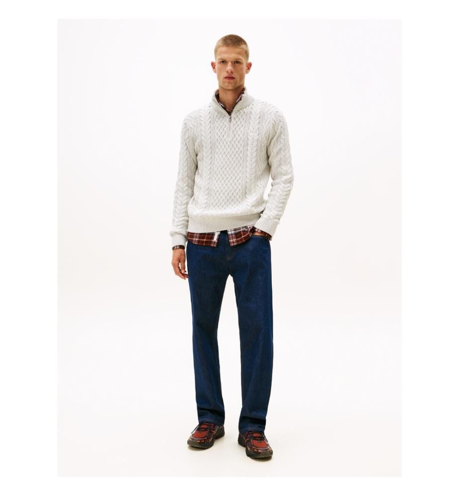 Pull Slim À Col Zippé En Maille Torsadée - Gris Clair