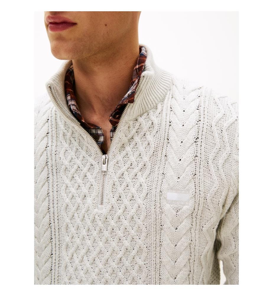 Pull Slim À Col Zippé En Maille Torsadée - Gris Clair