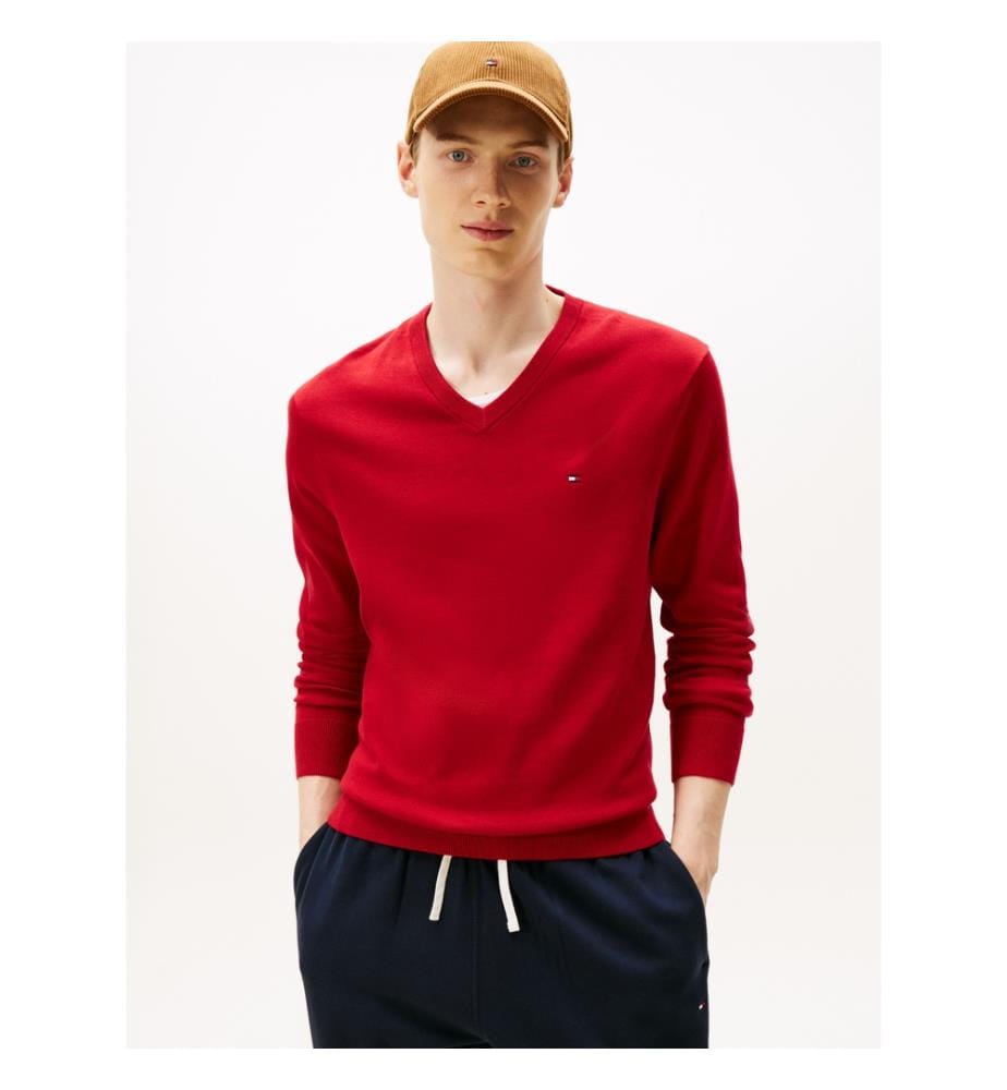 V-Ausschnitt-Pullover mit Flaggenstickerei - Mittelrot