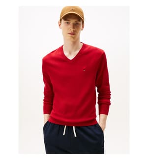 V-Ausschnitt-Pullover mit Flaggenstickerei - Mittelrot