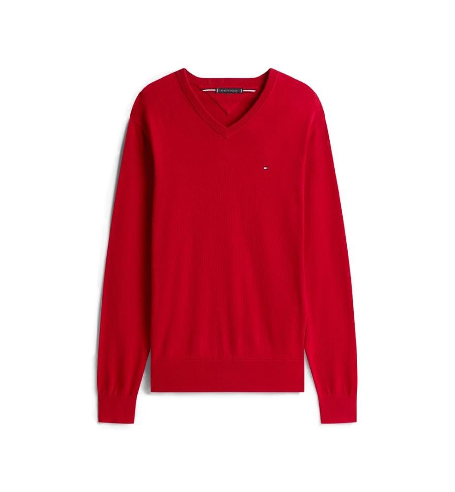 V-Ausschnitt-Pullover mit Flaggenstickerei - Mittelrot