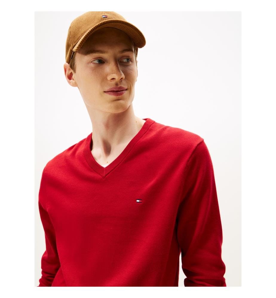 V-Ausschnitt-Pullover mit Flaggenstickerei - Mittelrot
