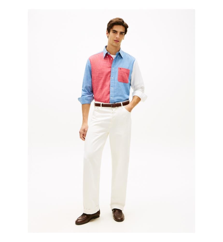 Chambray-Hemd Farbblock-Design - Rot Chambray Farbblock-Design