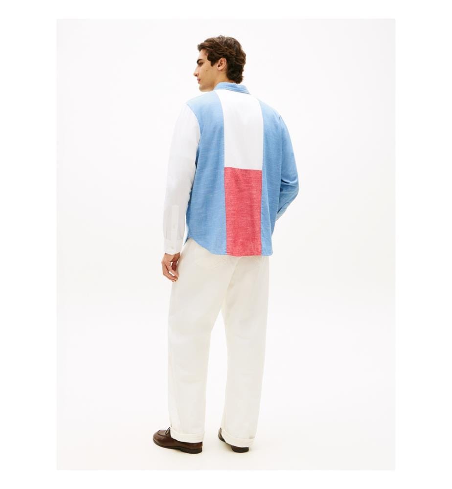 Chambray-Hemd Farbblock-Design - Rot Chambray Farbblock-Design