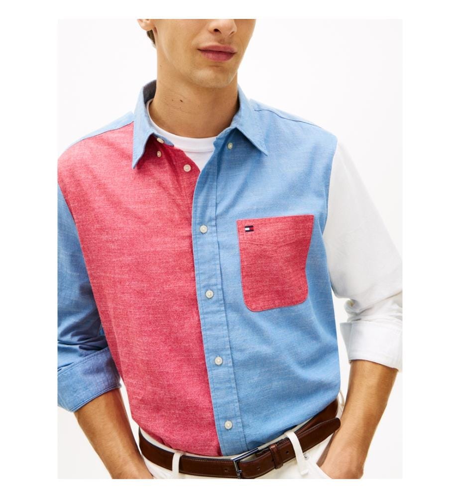 Chambray-Hemd Farbblock-Design - Rot Chambray Farbblock-Design
