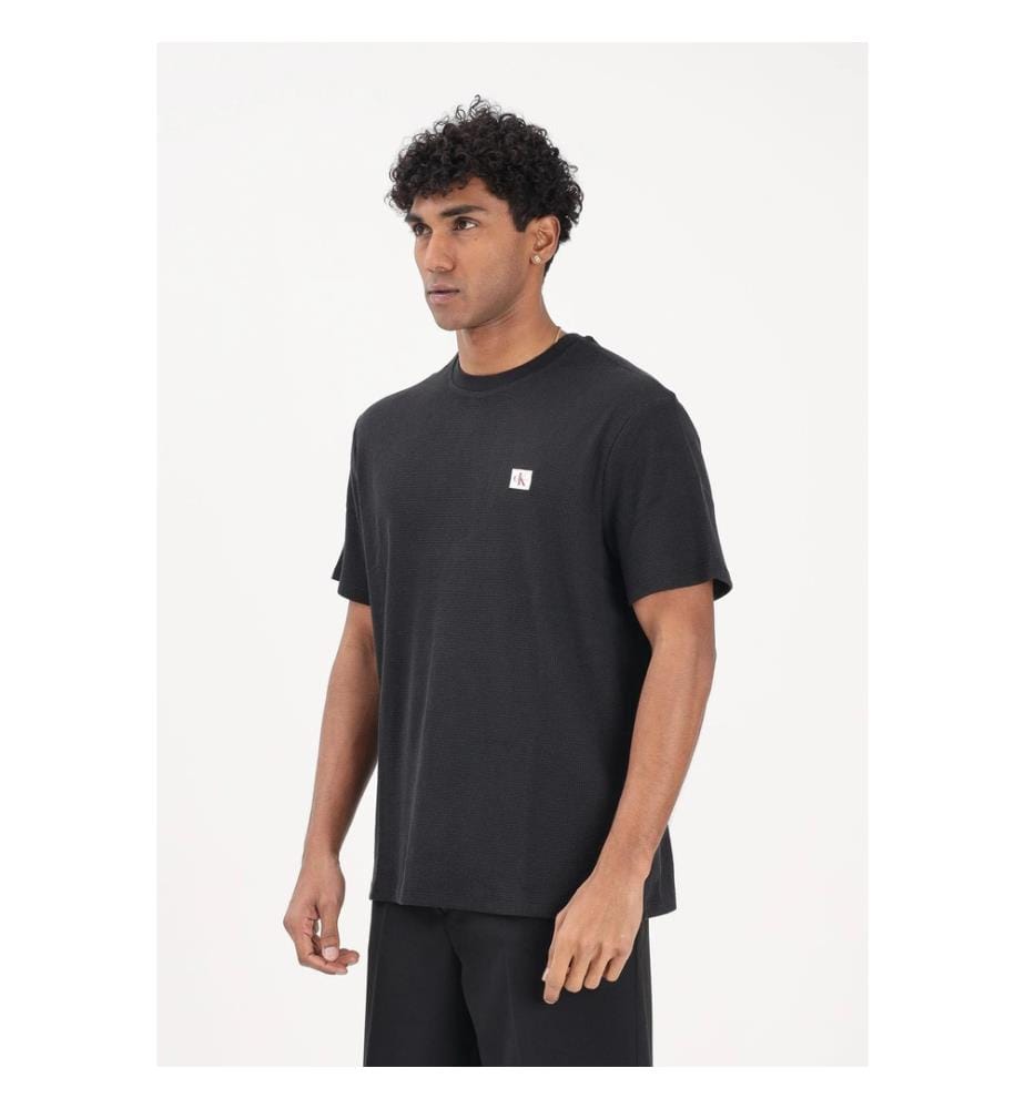 Waffel-T-Shirt mit Rundhalsausschnitt - Schwarz