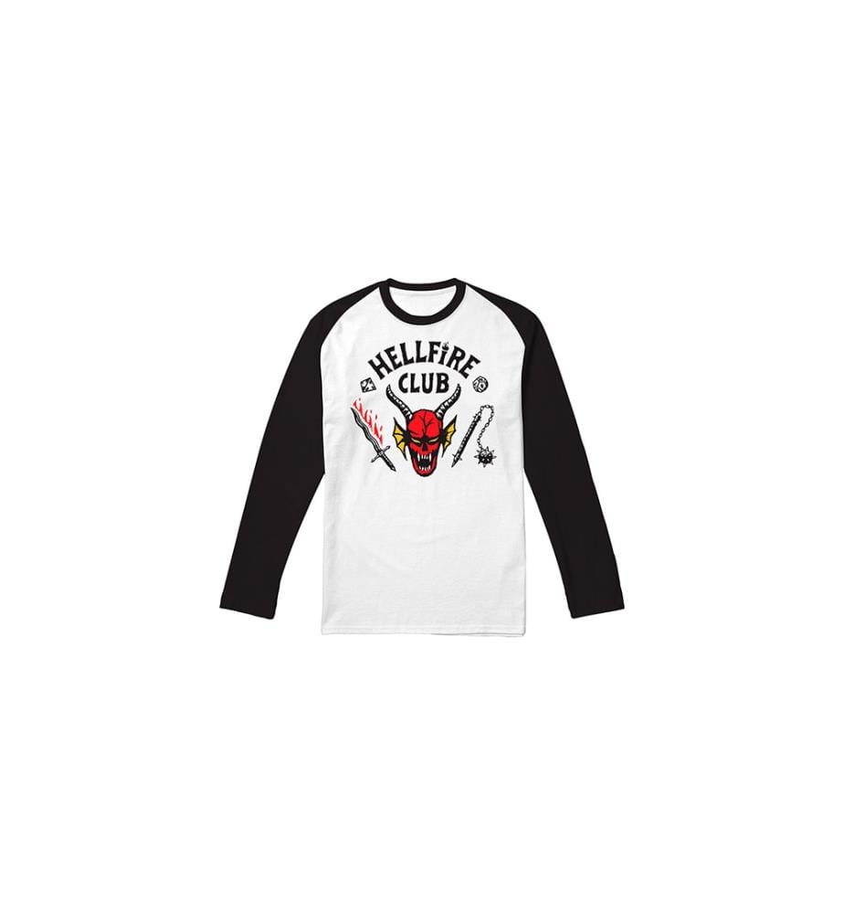 Long Sleeve Baseball T-Shirt Stranger Things Hellfire Club Raglan Ls - White Black