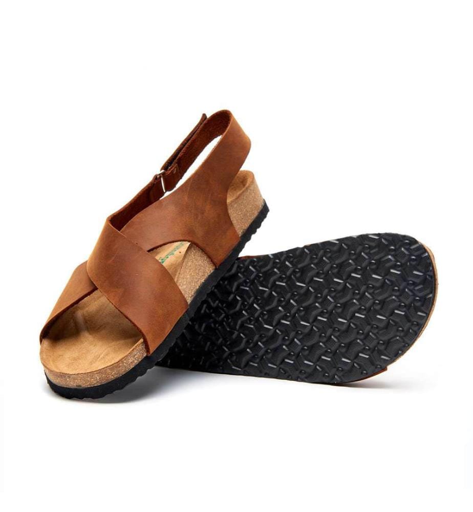 Leather Sandals With  Anatomically Shaped Cork Footbed - Brown 