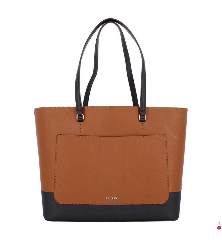 Grosse Karly Einkaufstasche aus Leder mit Kreuzschraffur - Lauren & Tan & Lauren & Navy