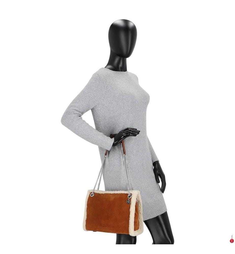 Bradley mittelgrosse Handtasche mit Lammfellrand - Lauren & Tan & Naturel